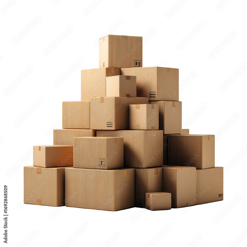 Obraz premium Cardboard boxes stacked in a neat arrangement in a warehouse setting during early afternoon hours