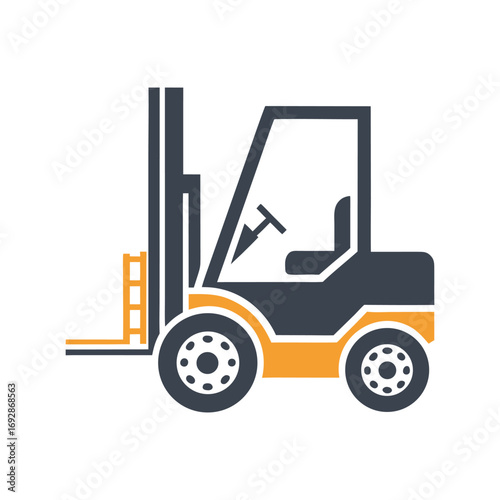 Dark gray and orange forklift truck icon on white background vehicle industrial