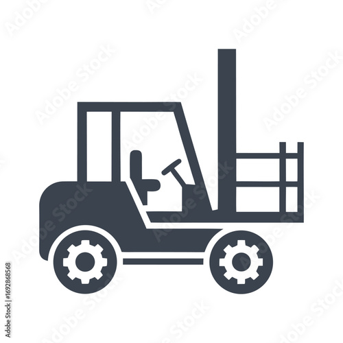 Dark blue silhouette of a forklift truck with a raised mast and forks vehicle industrial