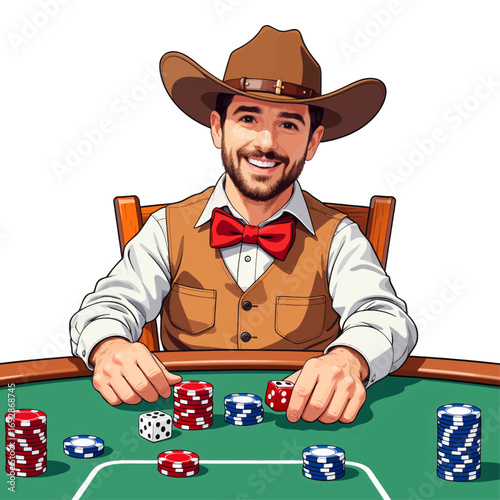 Cowboy at Poker Table with Chips and Dice