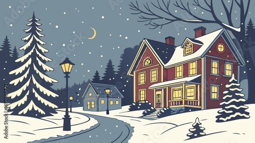 Charming snow-covered victorian home with festive christmas lights and snowy evergreen trees warmly lit ambiance