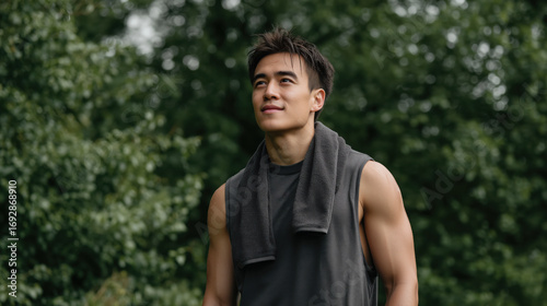 Fit young Asian man exercising outdoors. Muscular athlete training in nature, representing strength, healthy lifestyle, and outdoor fitness motivation