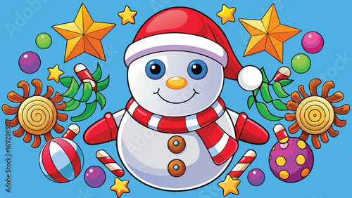 Cheerful snowman character adorned with festive christmas ornaments and twinkling stars on a bright blue background