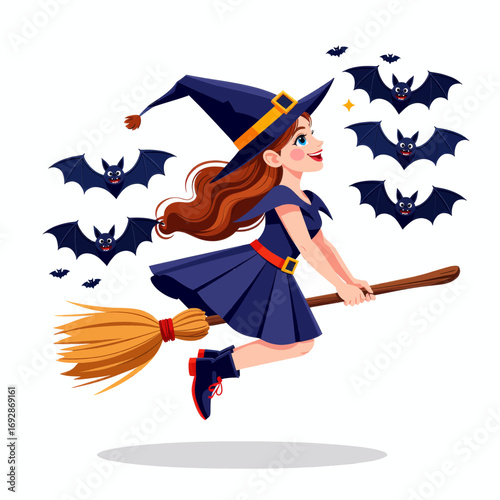 Flying Witch with Bats on Halloween Night