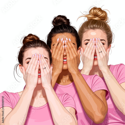 Excited Friends Covering Faces in Pink Tops, Celebrating Togetherness