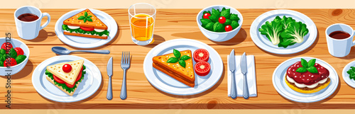 Healthy Breakfast Spread with Sandwiches and Salads on Wooden Table