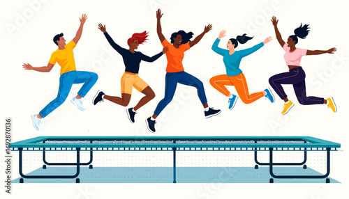 Happy Jumpers on Trampoline in Playful Action
