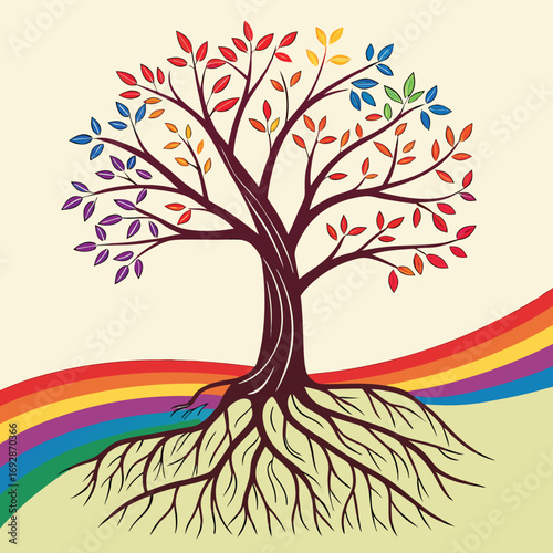 Vibrant silhouette of a tree of life with a gradient rainbow arching above