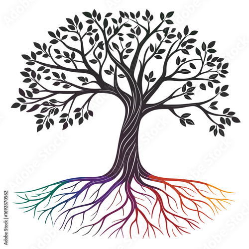 Vibrant rainbow gradient tree of life silhouette design for banners and advertisements