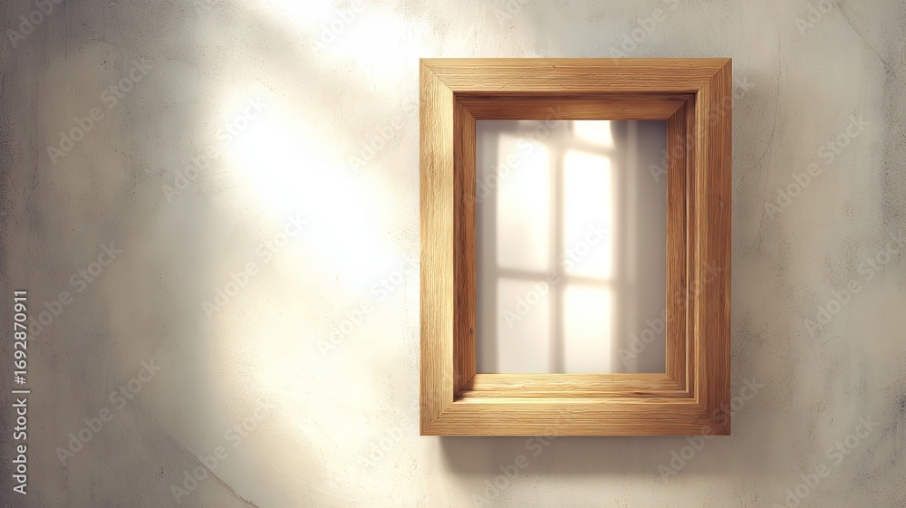 Fototapeta premium Home decor empty wooden frame rustic wall soft side light, warm neutral tones natural shadows