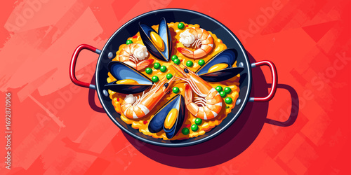 Luscious Seafood Paella in Black Pan on Vibrant Red Background