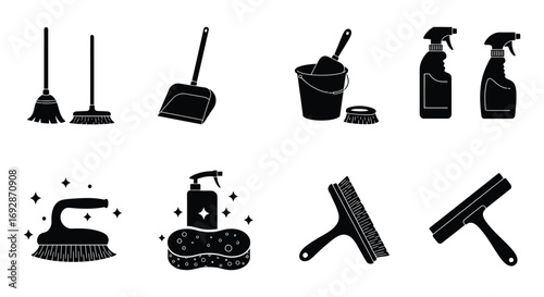 cleaning tools icons set for household chores