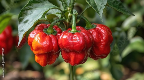 Close-up of red peppers on a plant in a greenhouse