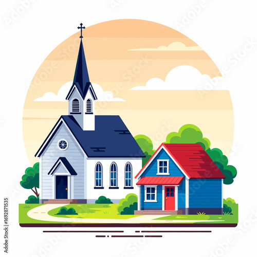 Peaceful Village Church and Home at Sunset