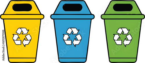 A simple illustration of three recycling bins in a row against a transparent background