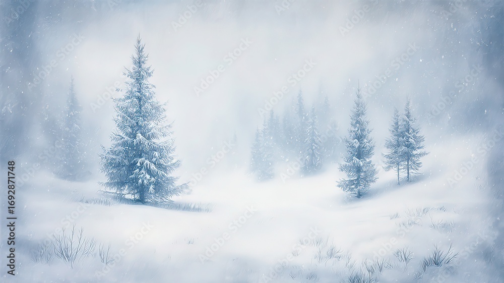 Naklejka premium Winter forest watercolor landscape in misty blue tones with soft natural light creating ethereal atmosphere