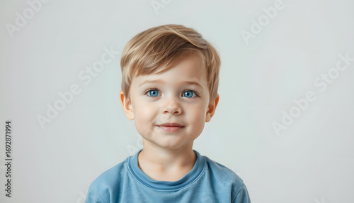 Portrait of cute little boy on light background, minimalism. White tone