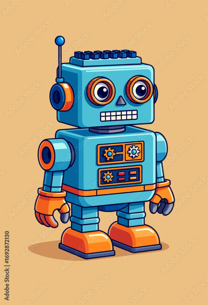 Fototapeta premium Playful Retro Robot Standing on Orange Background