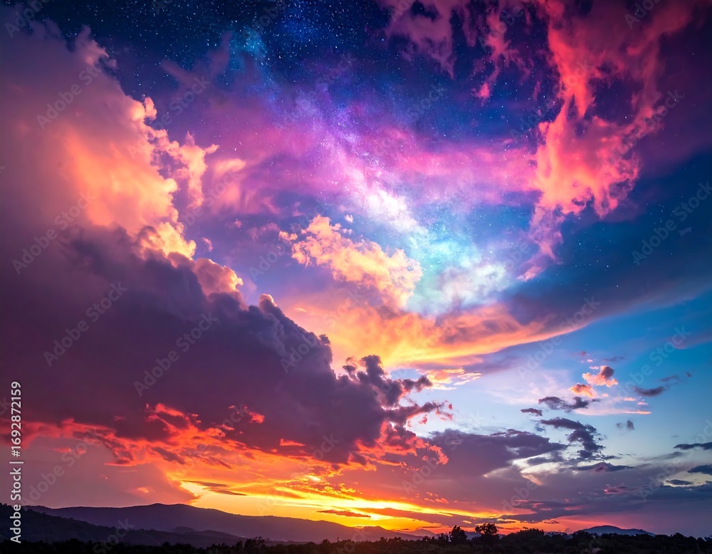 Fototapeta premium Colorful sunset sky with clouds and stars