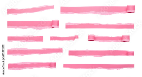 SET OF pink ripped paper torn edges strips isolated on white