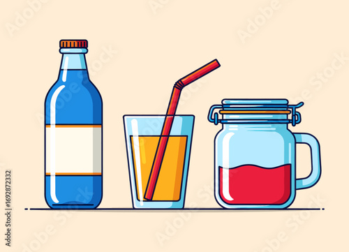 Refreshing Beverages: Water, Juice, Iced Tea on Table
