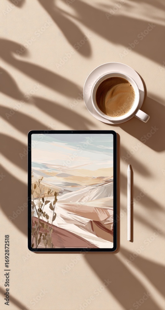 Fototapeta premium Tablet showing desert art next to coffee cup & pen, under leaf shadows