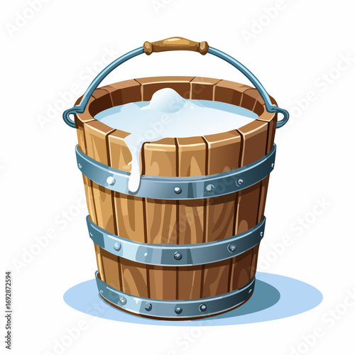 Wooden bucket filled with fresh milk in rustic farm vector style, conveying tradition and simplicity.