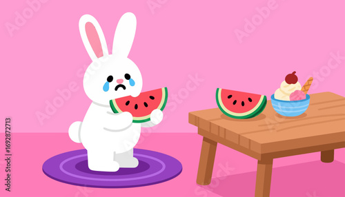 Sad Bunny Enjoying Watermelon on Pink Background