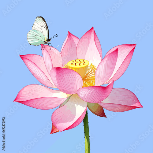 Serene Pink Lotus Flower with Butterfly on Blue Sky