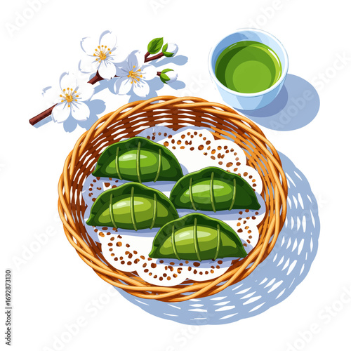 Spring Delight: Dumplings in Woven Basket with Cherry Blossoms and Green Tea