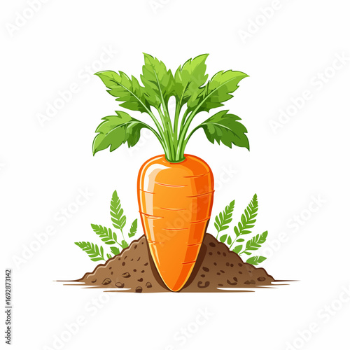Freshly pulled carrot with soil detail on root in vector style, conveying freshness and farming harvest.