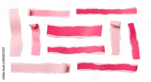 SET OF pink ripped paper torn edges strips isolated on white
