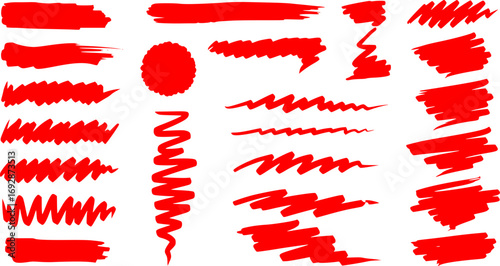 Red marker underline brush stroke set. Marker red pen highlights squiggle stroke. Vector swoosh brush handwritten underline set for accent, pencil emphasis element. Vector illustration