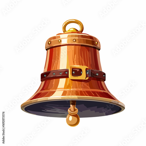 Brass cow bell with leather strap in rustic vintage vector style, conveying tradition and farm culture.