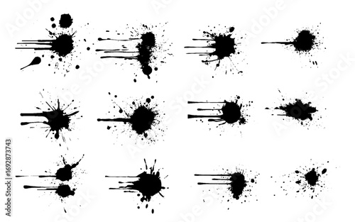 Black ink splatter isolated on white background. Vector watercolor paint brush texture. Ink splash and stain set. Grunge spray drop spatter, dirty blot splatters and splat.