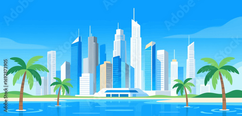 Tropical Skyline Serenity: Palm Trees and Cityscape at Dusk