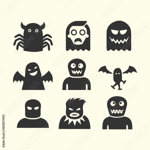Collection of Spooky Halloween Monsters and Creatures in Silhouette Style Featuring Ghosts, Vampires, Werewolves, Zombies, Witches, Skeletons, Bats