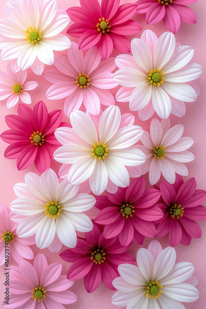 Fototapeta premium A vibrant arrangement of delicate pink and white daisy-like flowers, their petals unfurling gracefully against a soft pastel background
