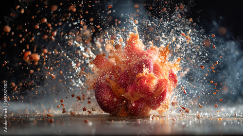 Wallpaper Mural Close up of a strawberry exploding with water droplets and debris against a dark background Torontodigital.ca