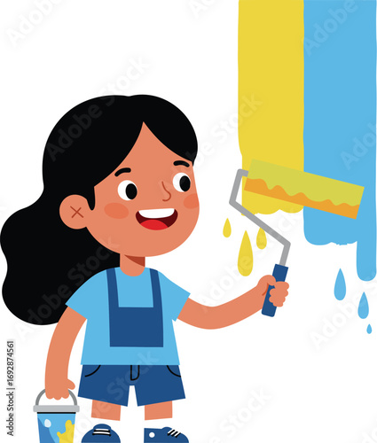 Cartoon Style Cheerful Girl Painting Wall with Roller Illustration