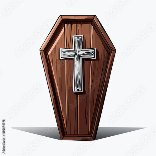 Wooden coffin with gothic cross engraving in vector style, conveying darkness and mortality.