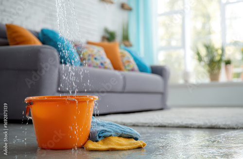 Water dripping from ceiling into orange bucket overflowing onto floor with rag, depicting home water damage needing insurance claim