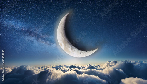 A Crescent Moon With A Textured Surface Surrounded By Fluffy Clouds Creating A Whimsical Night Sky Scene