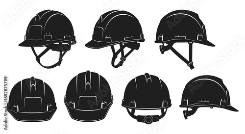 various styles of safety helmets shown in silhouette form