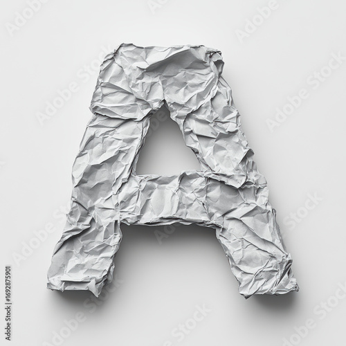 Crumpled paper letter A, unique alphabet symbol with intricate texture. Creative design white background, evoking sense