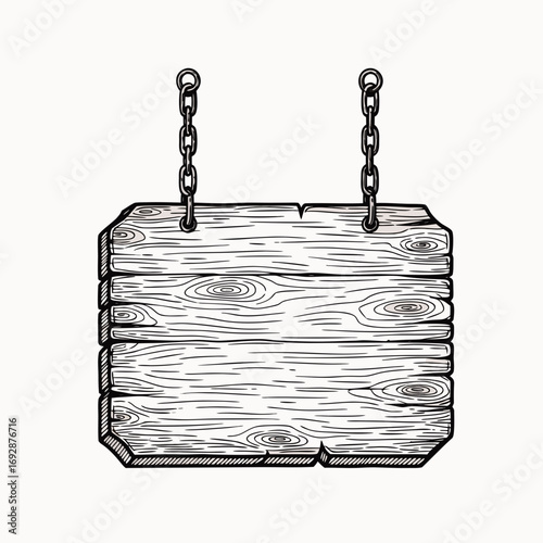 Wooden signboard hanging with chains in distressed style, for design projects