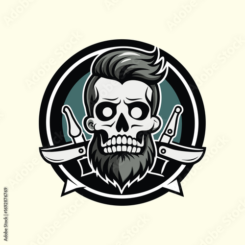 Stylized skull with beard and crossed razors emblem for barbershop or tattoo studio mascot logo