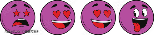 Funny purple emoji faces with expressive love and star eyes in cartoon style. Cute emotional smiley icons for chat, stickers, and digital communication. Playful character illustration.