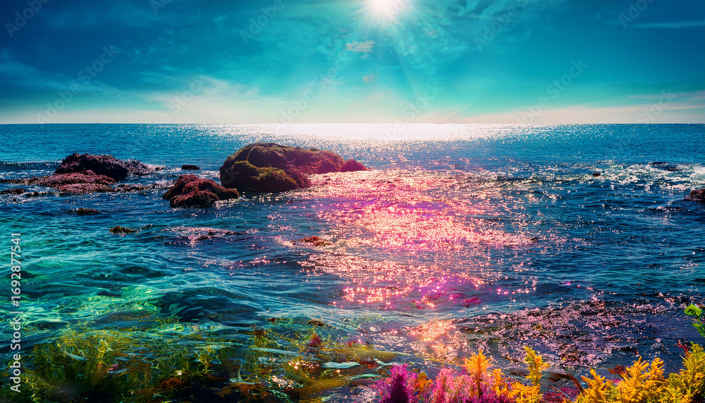 Naklejka premium The Image Showcases A Colorful Aquatic Scene With A Glittering Water Surface And Sunlight Reflections