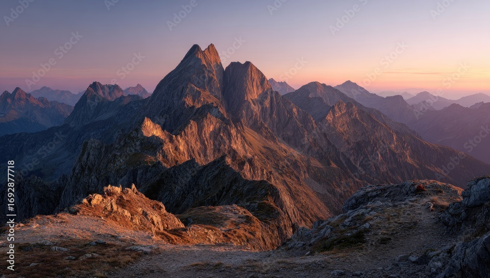Naklejka premium Mountain panorama at sunrise